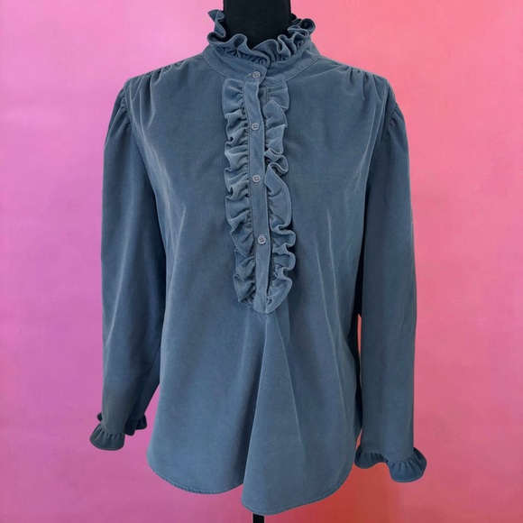 Sears Tops - Vintage 70s Sears Victorian Edwardian Style Ruffled Teal Blue Blouse - XL